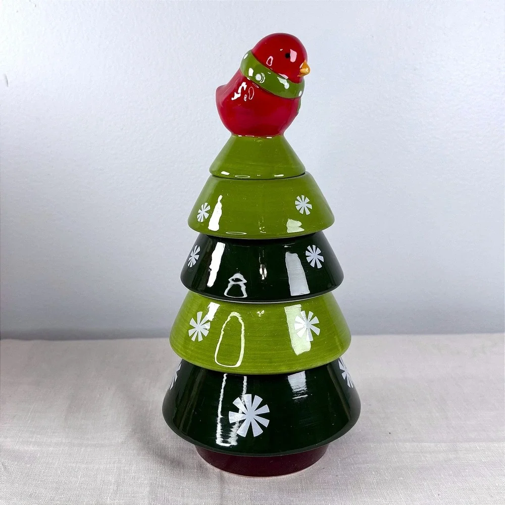 Pier 1 Christmas Tree Stacking Measuring Cups Set Red Cardinal Bird Green
